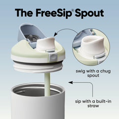 Owala FreeSip detalle de la tapa push-button y el mecanismo de bloqueo