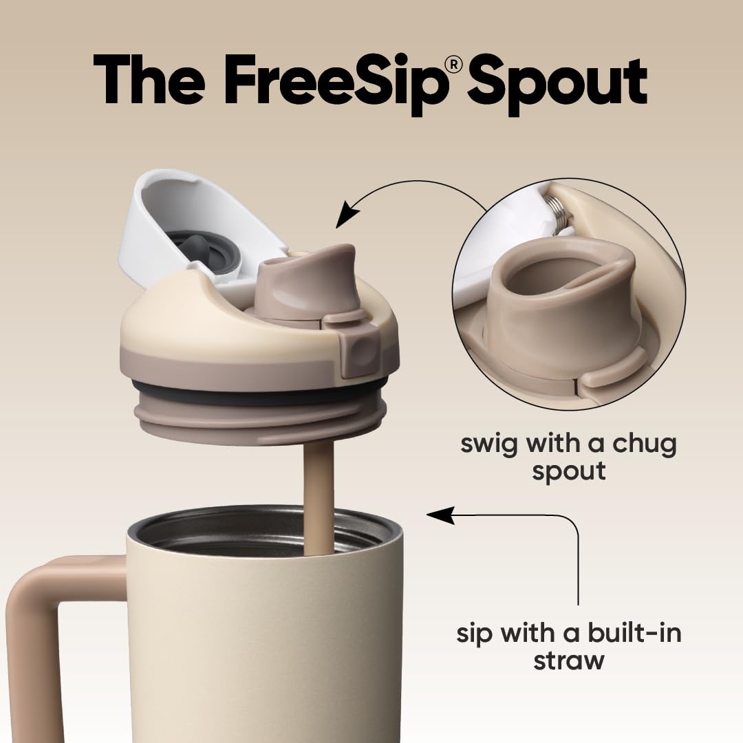 Owala FreeSip primer plano del acabado Lightly Toasted resistente