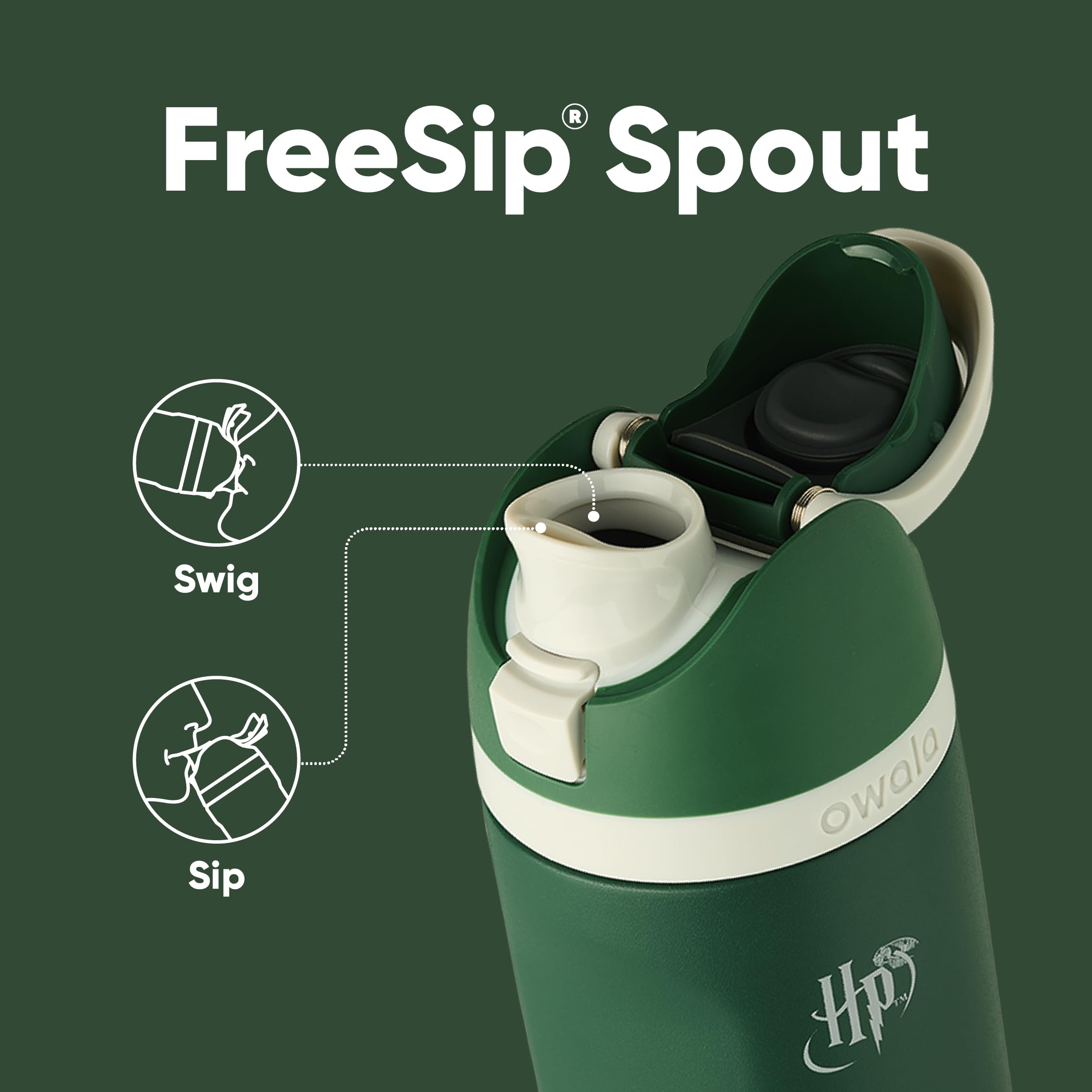 Owala Slytherin detalle de la tapa FreeSip que muestra cierre higiénico y fácil uso