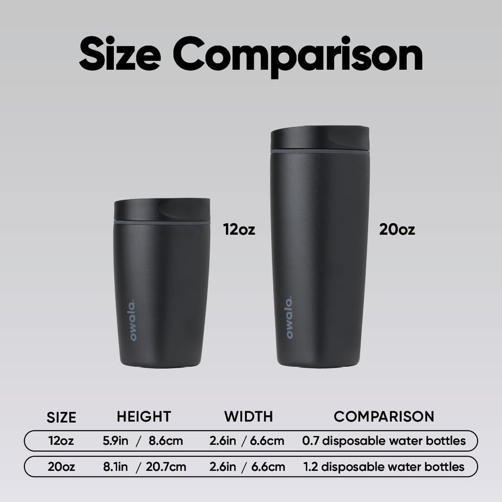 Owala SmoothSip junto a una botella para comparar tamaño y compatibilidad con portavasos