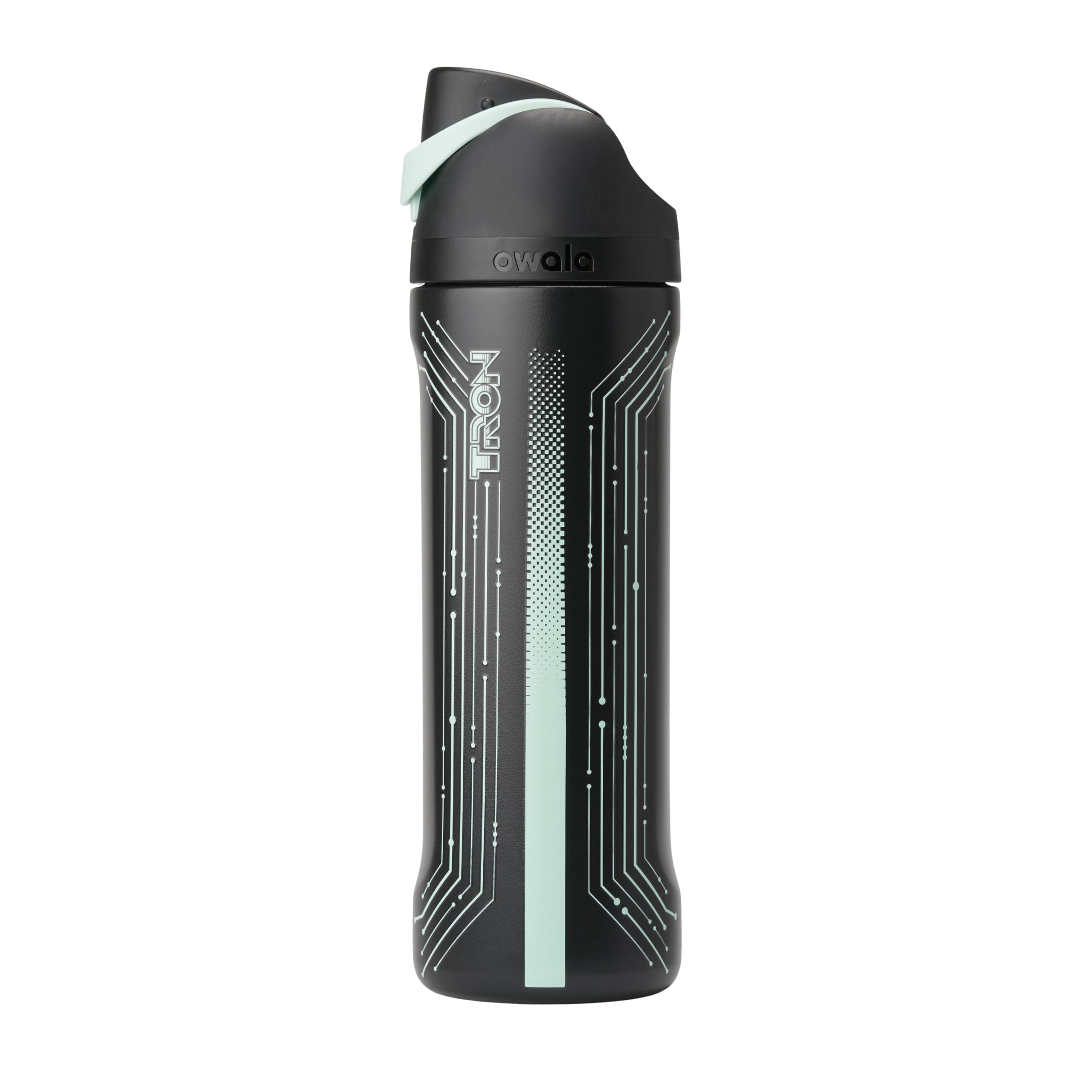 Owala botella Tron vista frontal con diseño que brilla y aislamiento frío