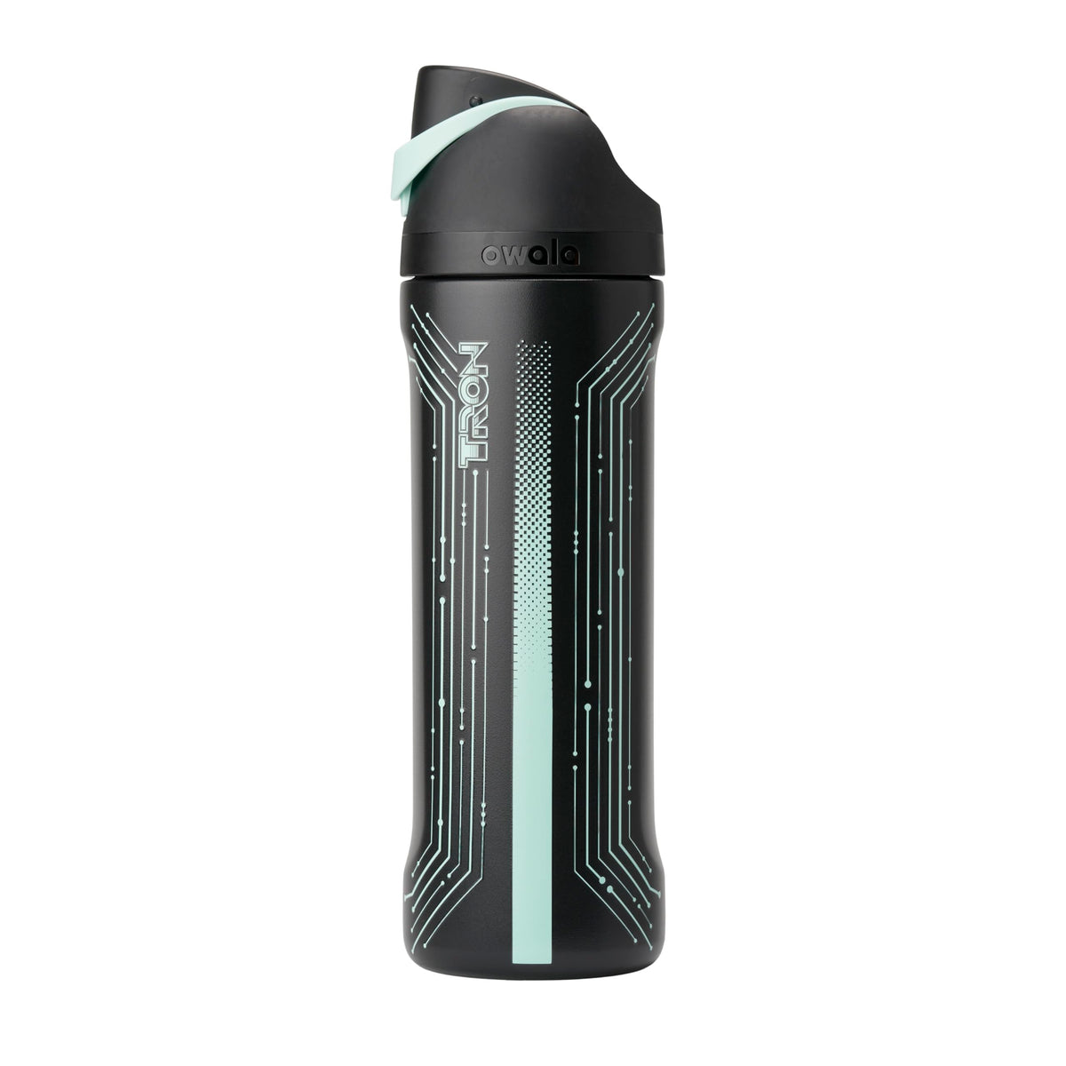 Owala botella Tron vista frontal con diseño que brilla y aislamiento frío
