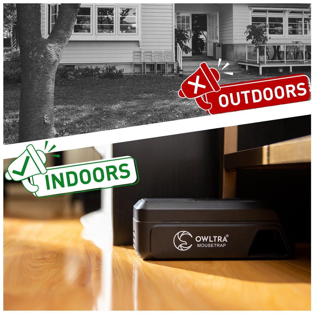 OWLTRA OW-2 placed along kitchen baseboard demonstrating indoor rodent control