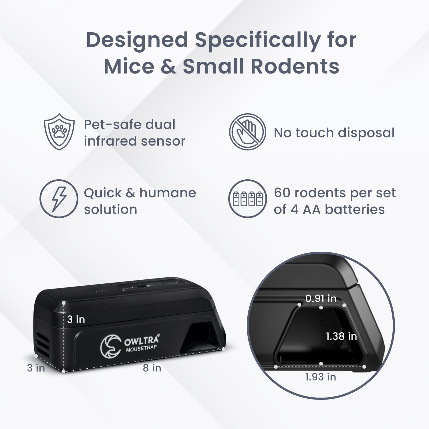 OWLTRA OW-2 open lid with magnetic release for no-touch rodent disposal benefit