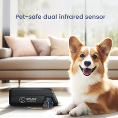 OWLTRA OW-2 infrared sensor closeup illustrating pet-safe dual-sensor activation