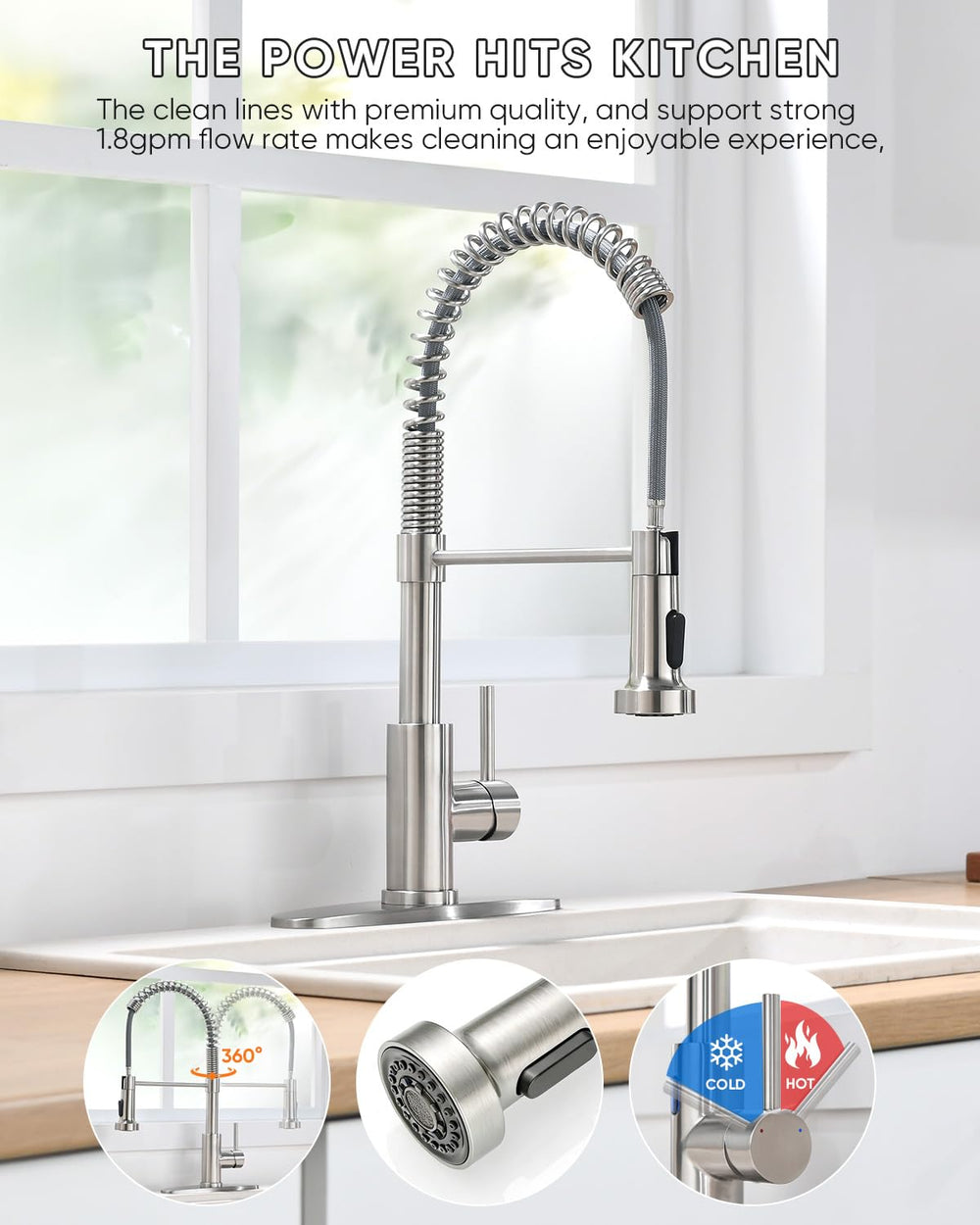 OWOFAN detalle del acabado en níquel cepillado que reduce marcas y facilita limpieza