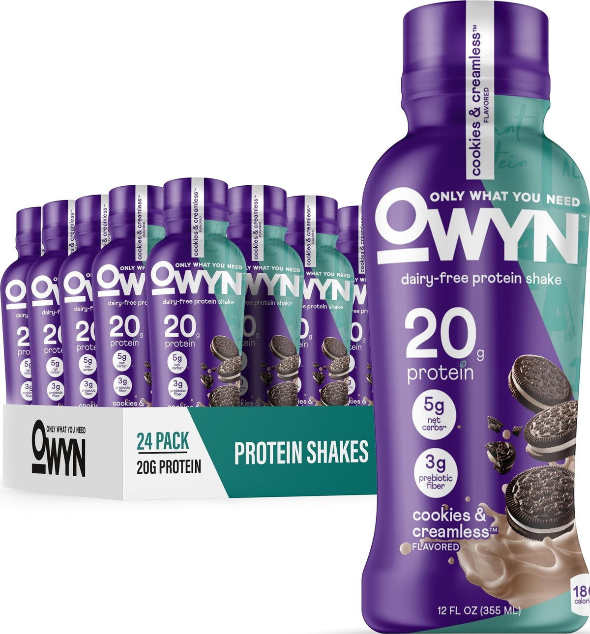 OWYN batido frontal con enfoque de envase, práctico para llevar