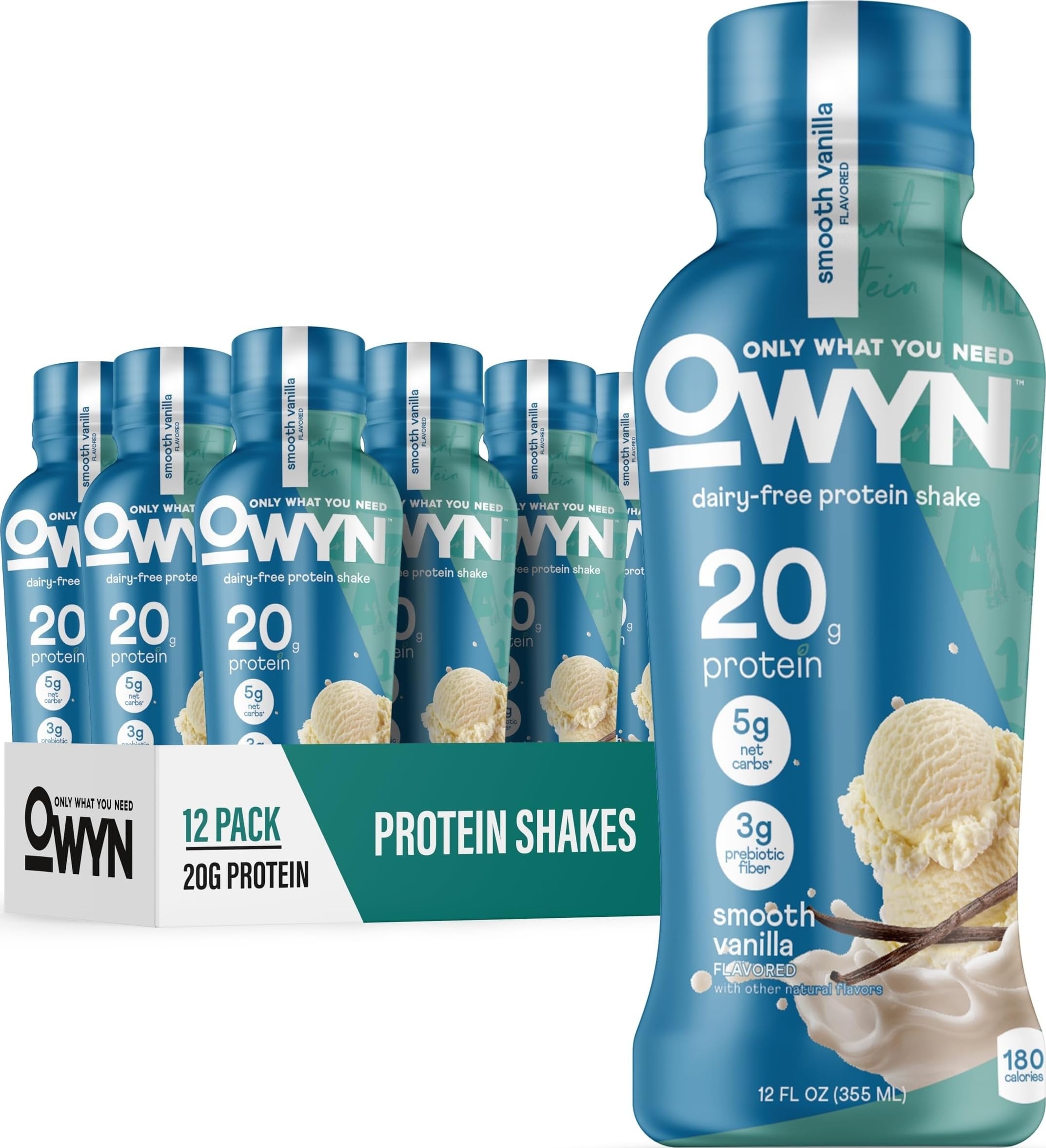 OWYN botella frontal Smooth Vanilla mostrando información nutricional y conveniencia