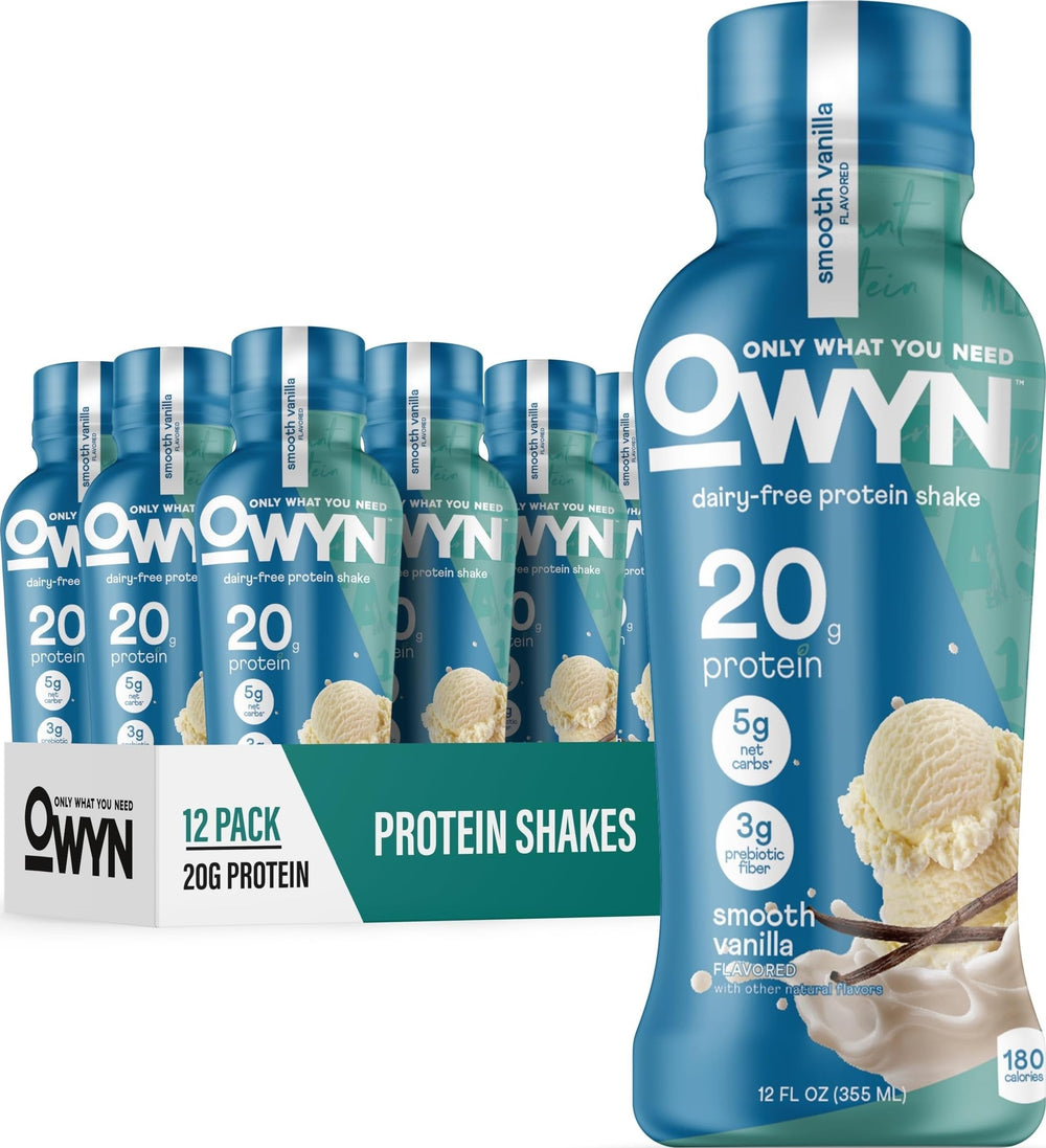 OWYN botella frontal Smooth Vanilla mostrando información nutricional y conveniencia