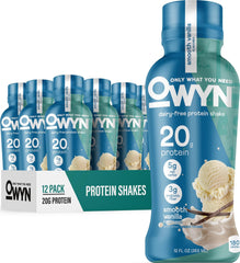 OWYN botella frontal Smooth Vanilla mostrando información nutricional y conveniencia