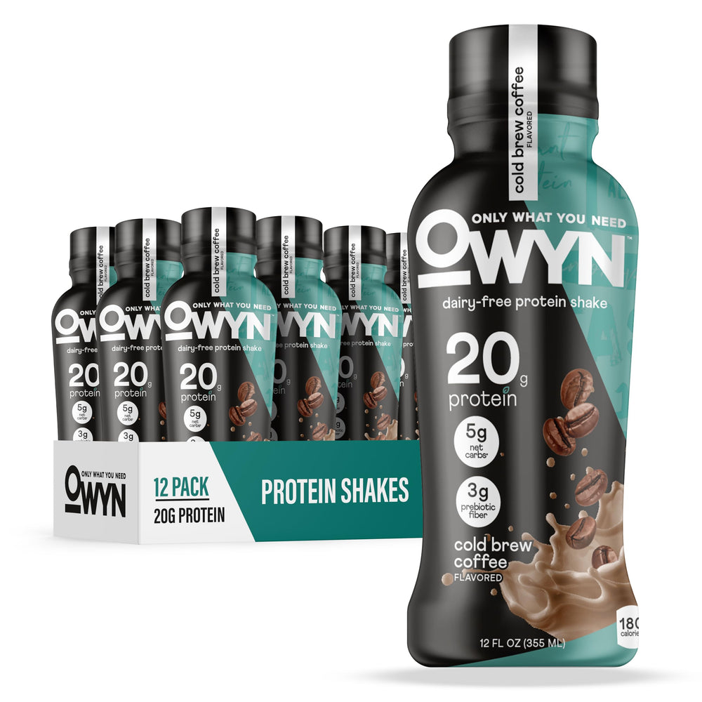 OWYN envase frontal cold brew café mostrando etiqueta y beneficios nutricionales