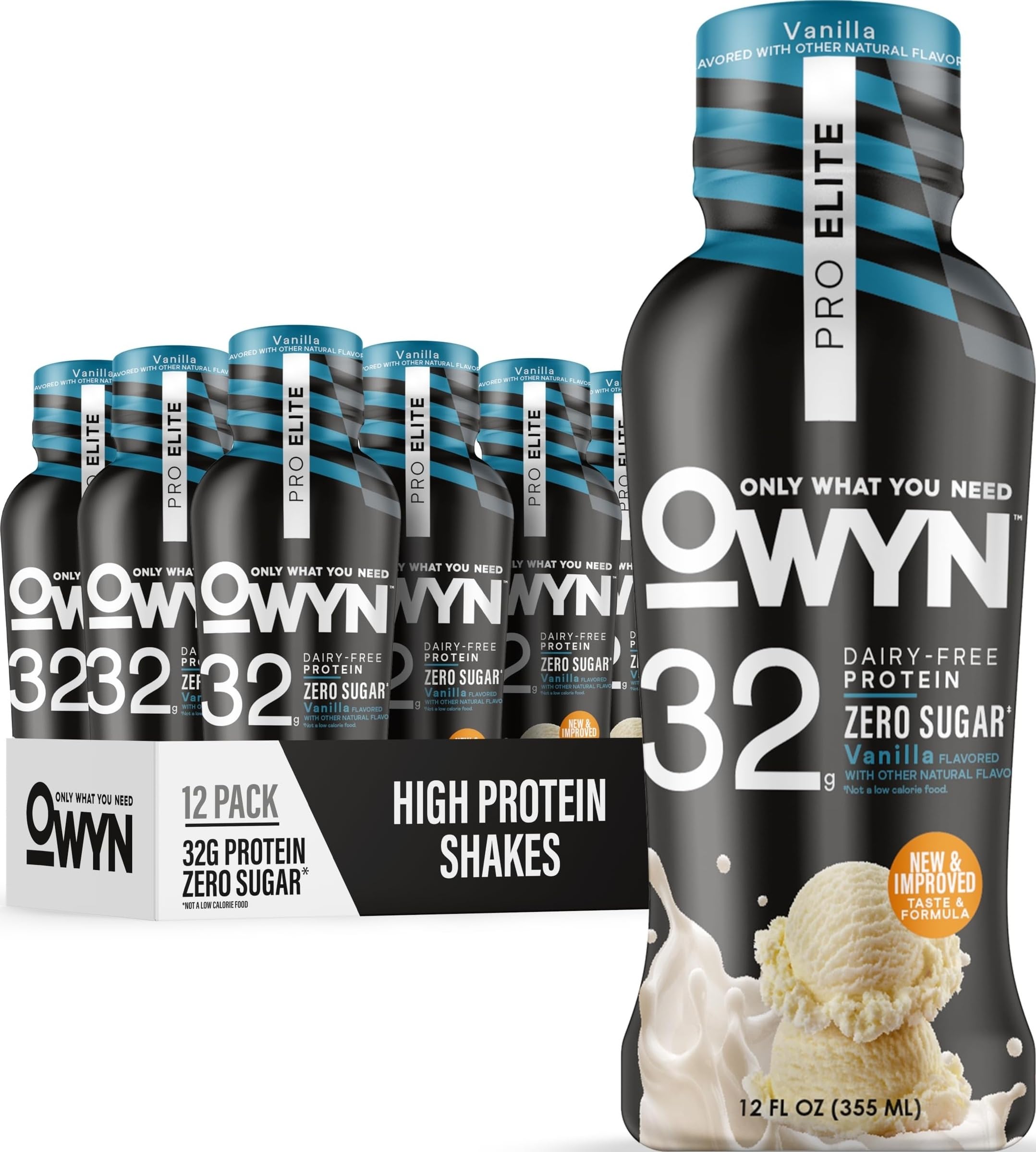 OWYN botella frontal vainilla, muestra etiqueta clara y beneficio de 32 g proteína