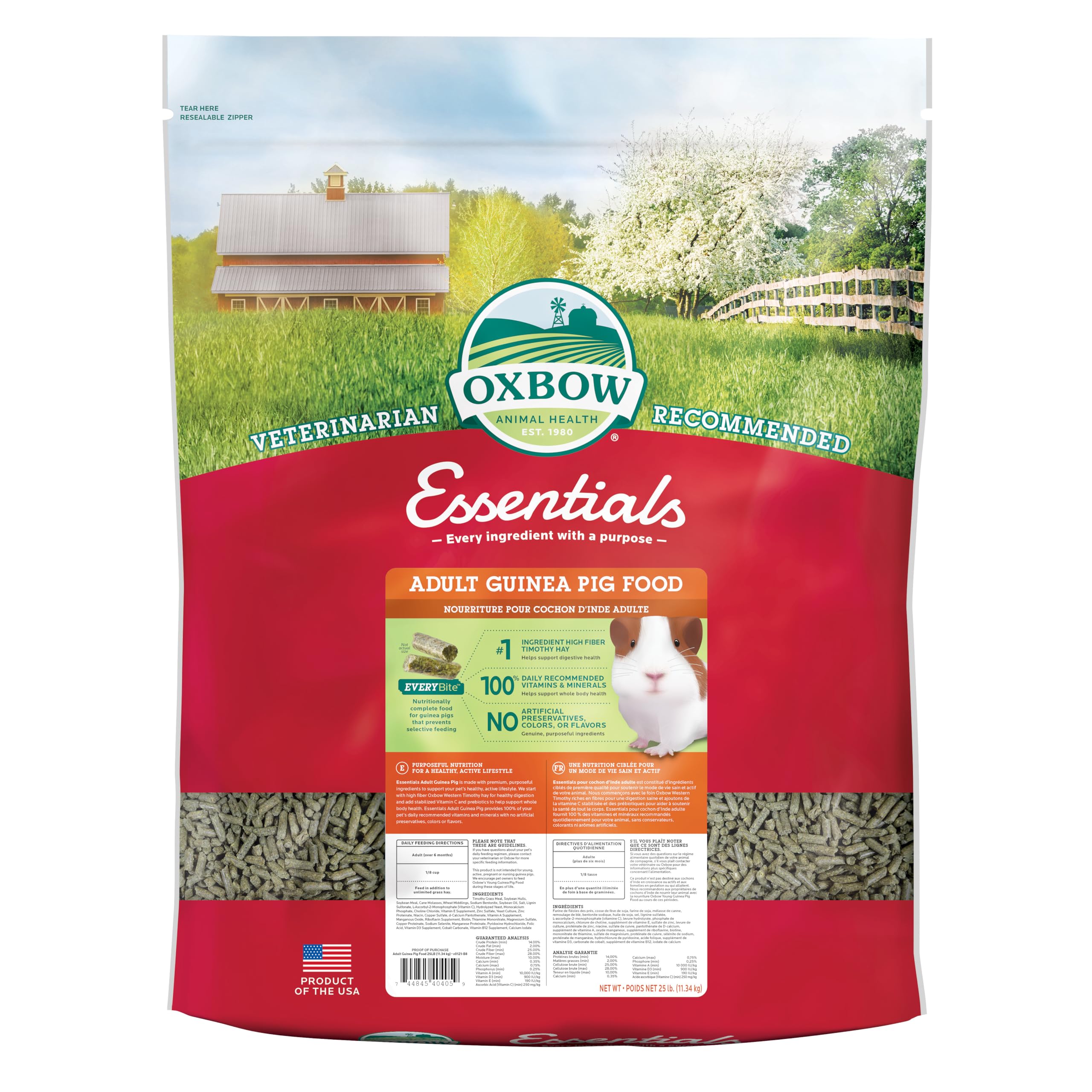 Oxbow paquete frontal 25 lb mostrando marca y presentación, confianza en nutrición
