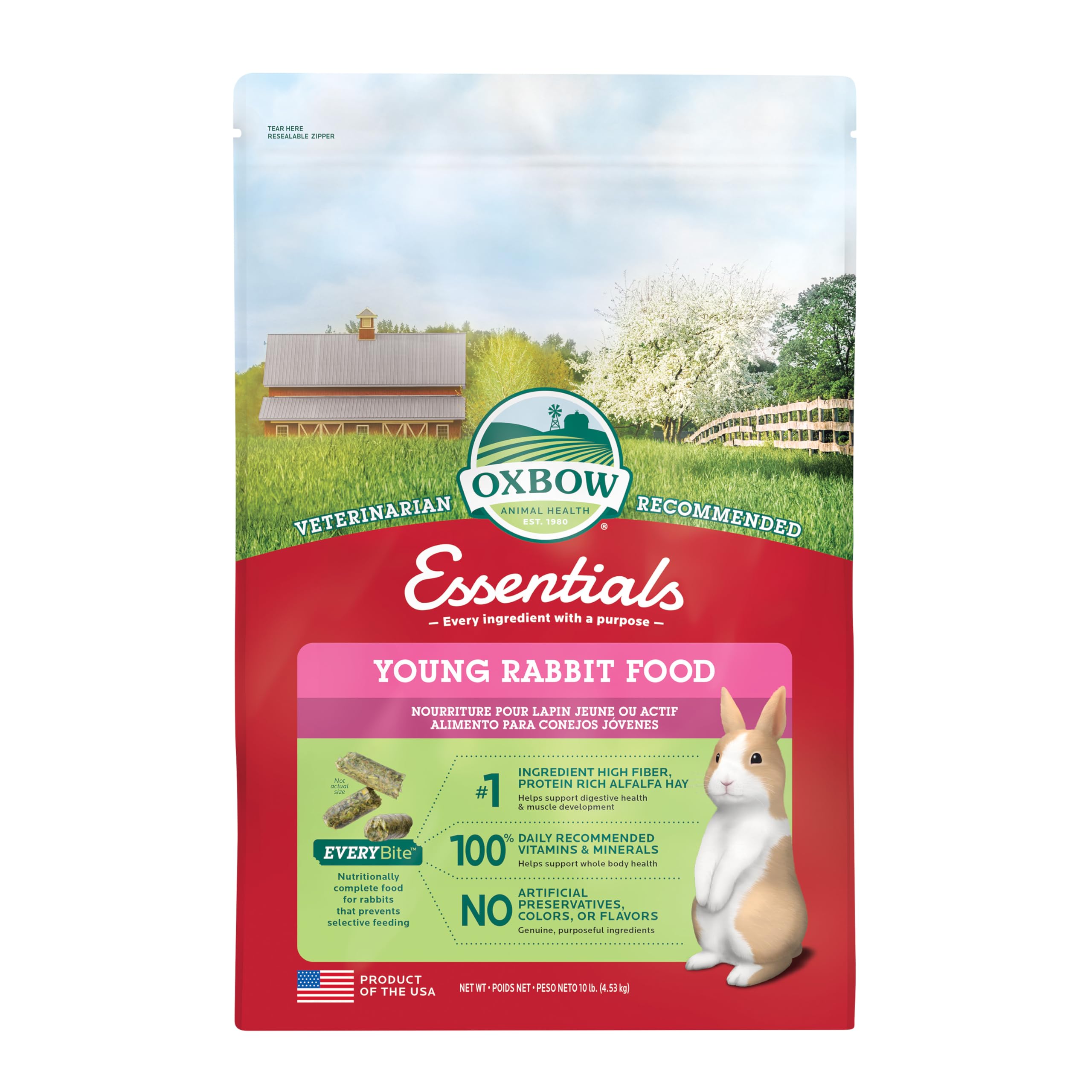 Oxbow paquete frontal 10 lb mostrando envase y marca, confianza en nutrición
