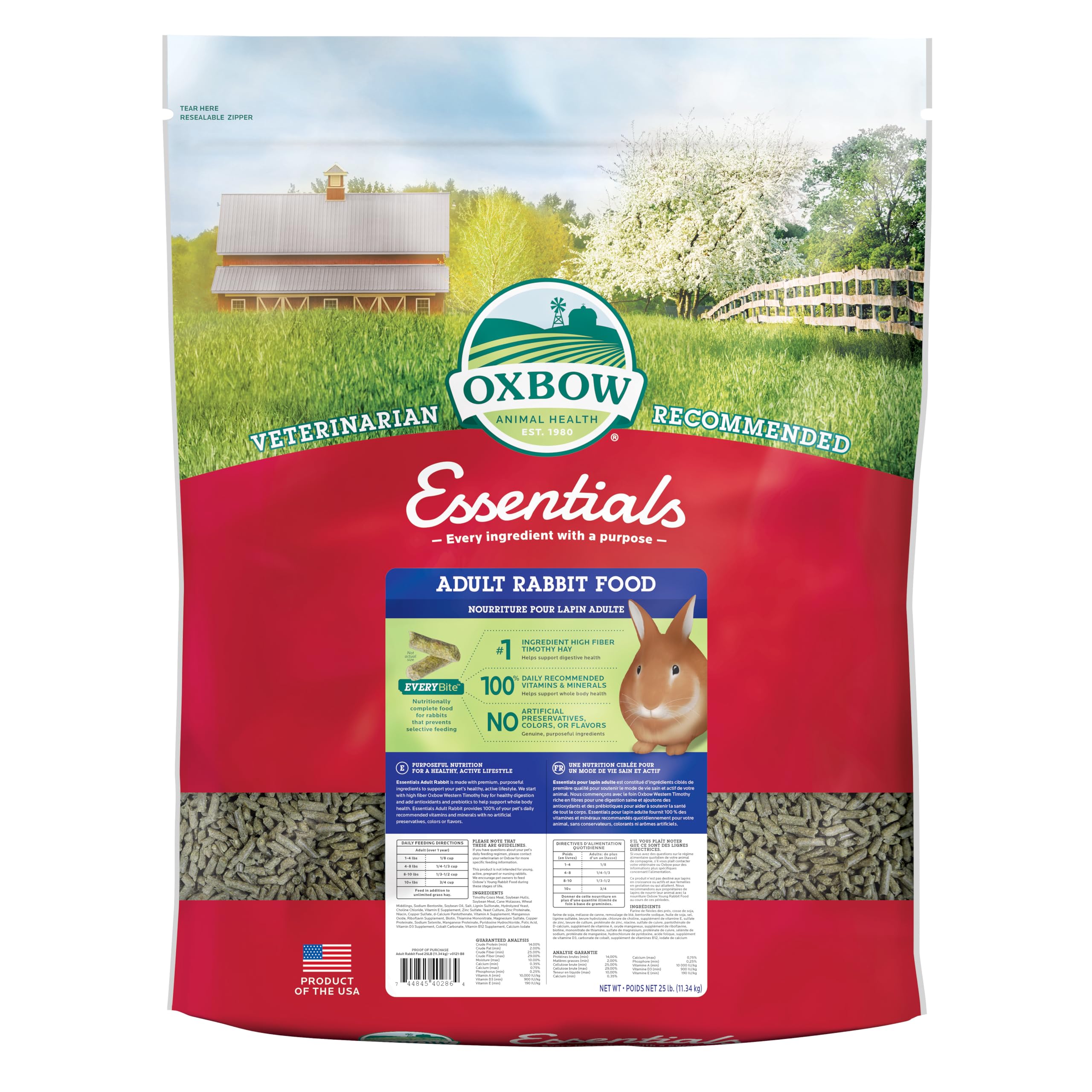 Oxbow paquete frontal 25 lb mostrando marca y tipo de alimento, almacenamiento práctico