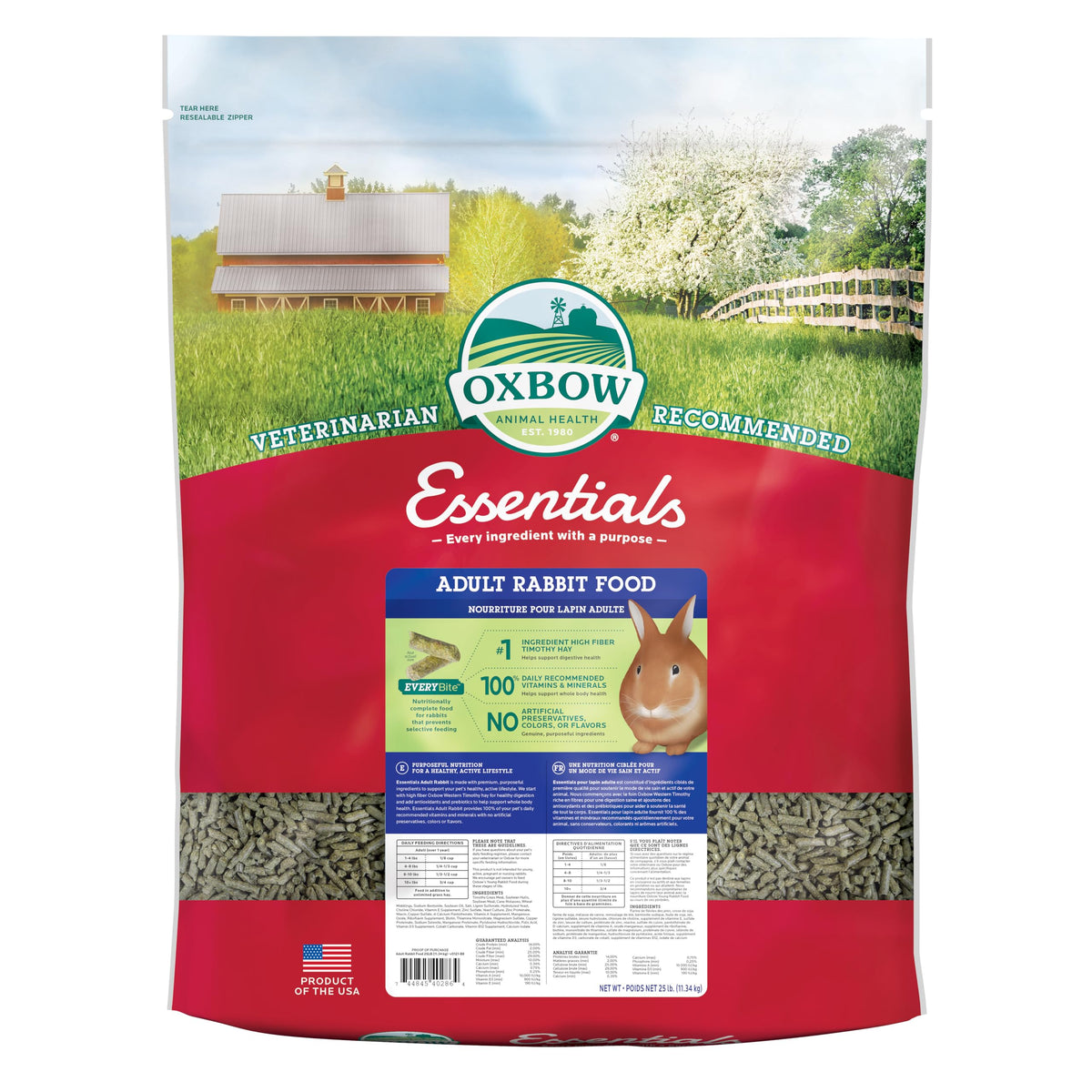 Oxbow paquete frontal 25 lb mostrando marca y tipo de alimento, almacenamiento práctico