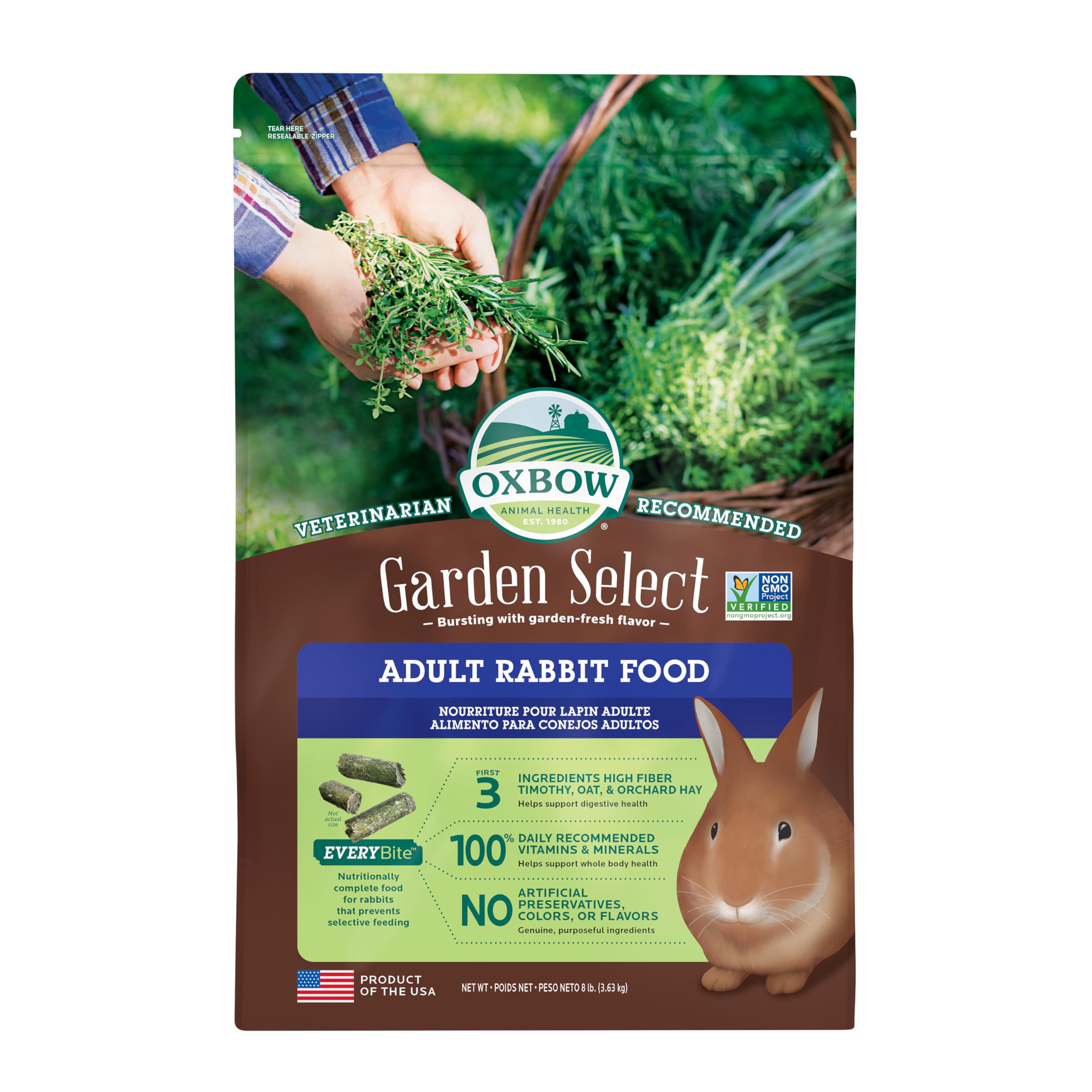 Oxbow paquete frontal Garden Select mostrando envase y beneficio nutricional