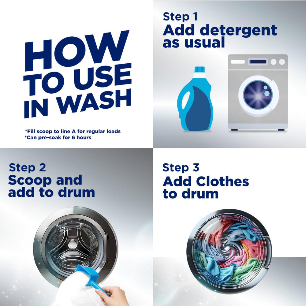 Etiqueta del producto OxiClean con instrucciones claras para uso seguro y eficaz