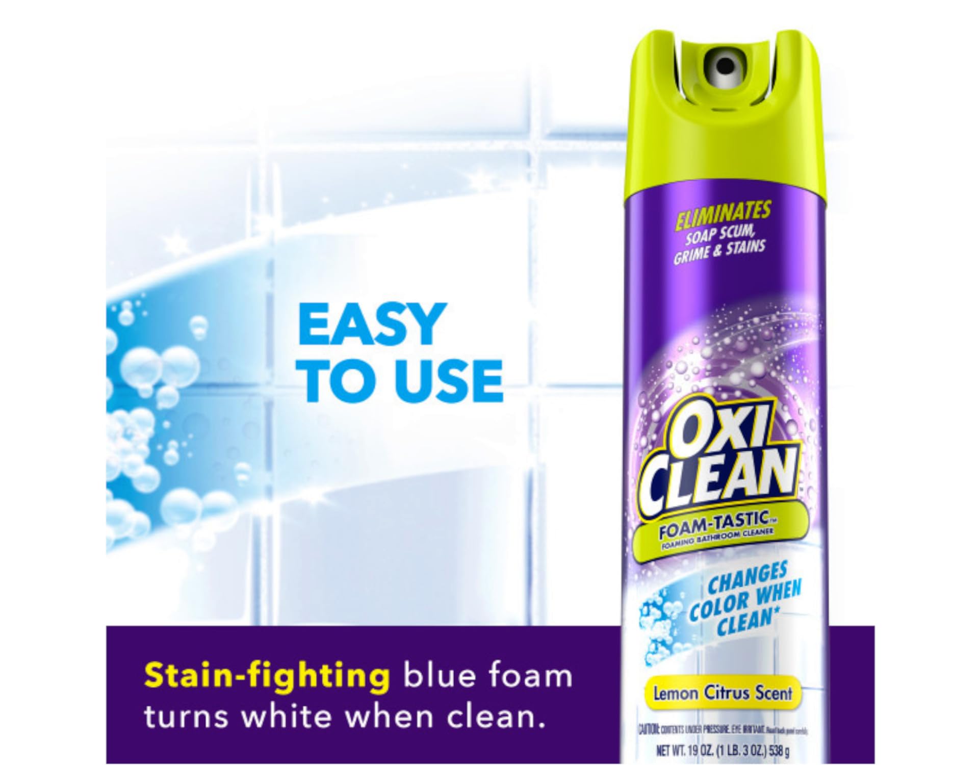 OxiClean ambiente de baño limpio sugiriendo ahorro de tiempo y resultado brillante