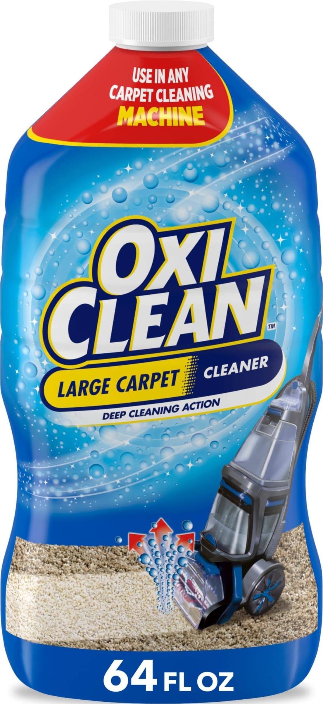 OxiClean frontal de botella 64 fl oz mostrando el envase y capacidad