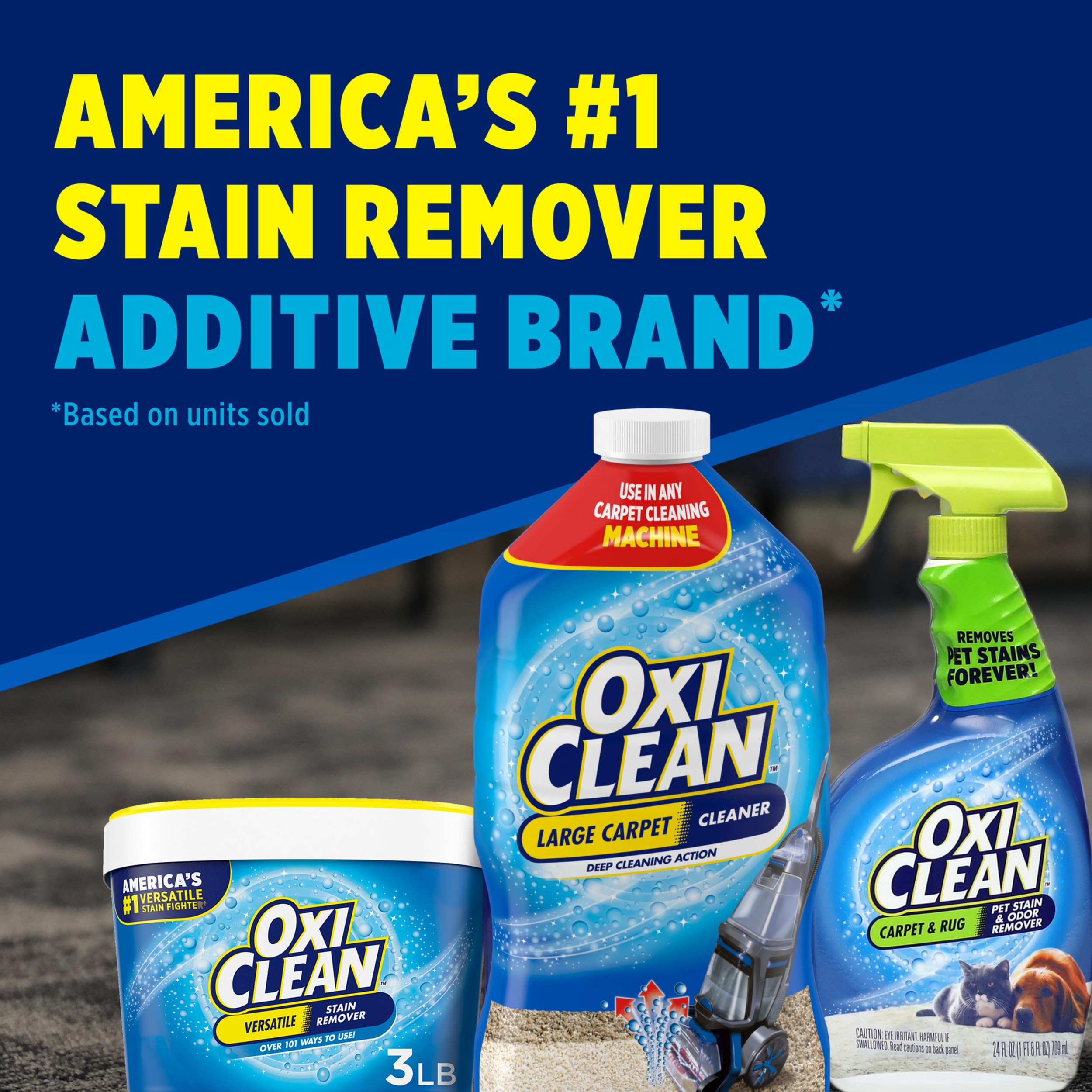 OxiClean limpiando alfombra en salón demostrando uso doméstico