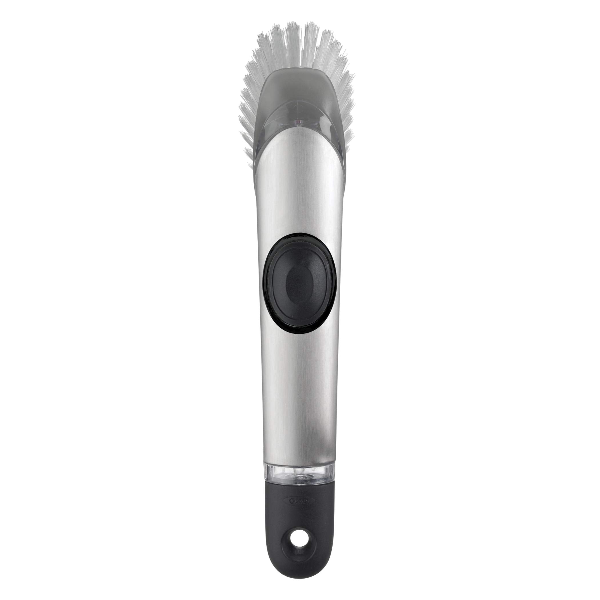 OXO cepillo frontal con mango mostrando diseño ergonómico y dosificación de jabón
