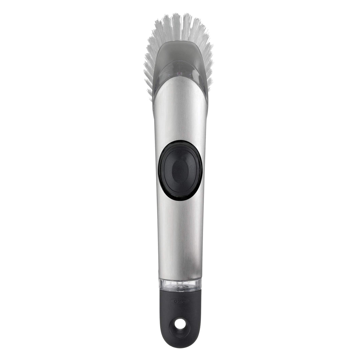 OXO cepillo frontal con mango mostrando diseño ergonómico y dosificación de jabón
