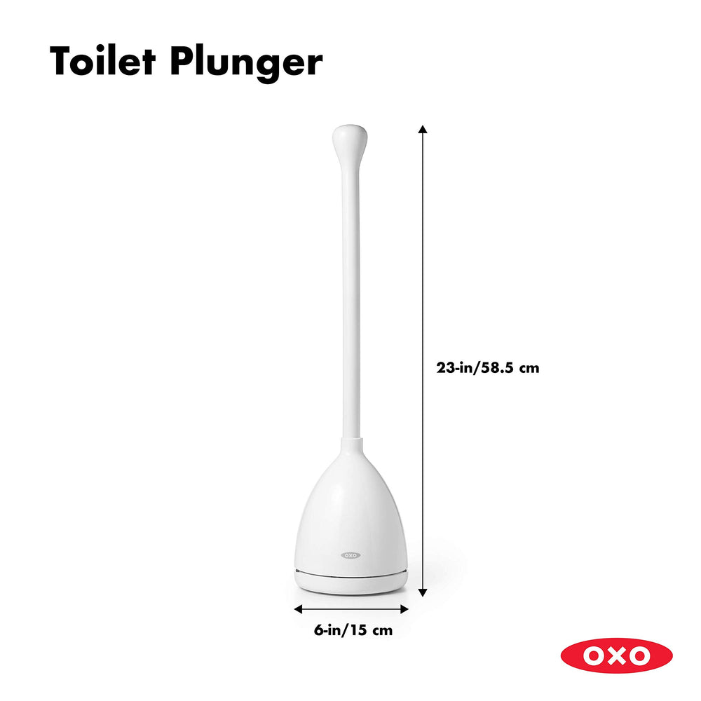 OXO desatascador oculto en la base dentro de un baño moderno y discreto