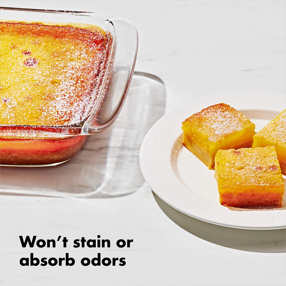 OXO baking dish filled with portioned lasagna demonstrating meal-ready use