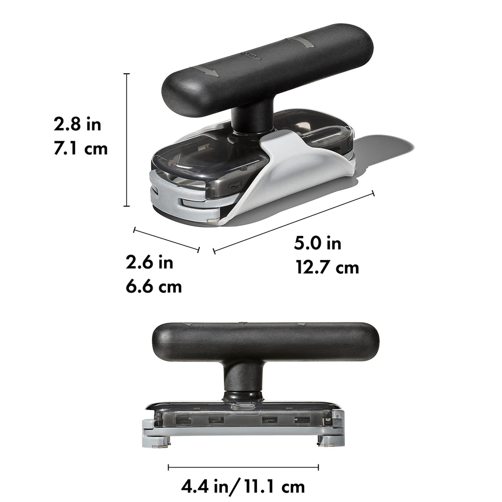 OXO Good Grips detalle de los dientes afilados, agarre seguro en tapas