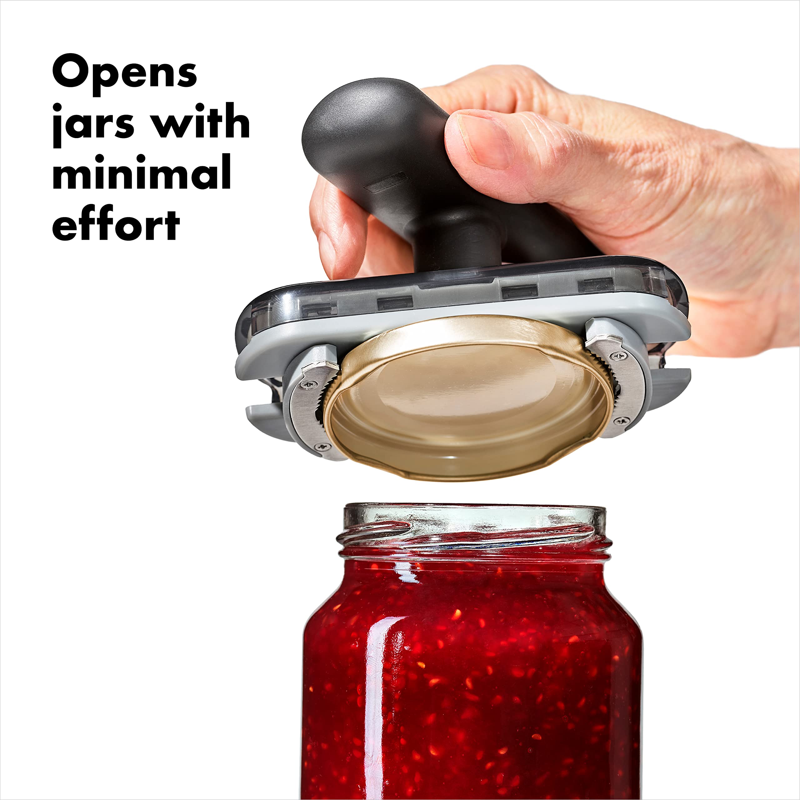 OXO Good Grips en uso con mano girando tapa, reduce esfuerzo