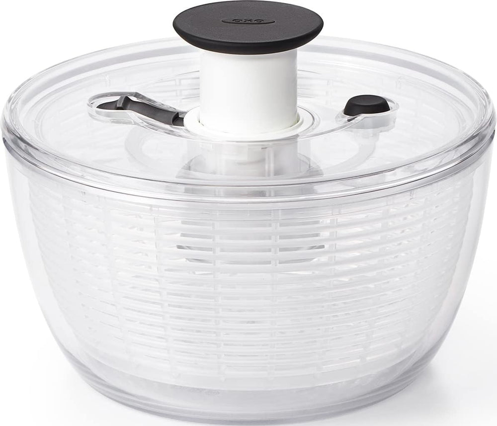 OXO Good Grips vista frontal del mini centrifugador, práctico y compacto