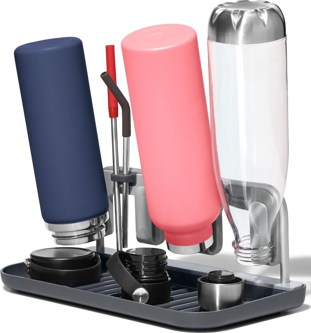 OXO Good Grips vista frontal del escurridor para cuatro botellas, organiza encimera