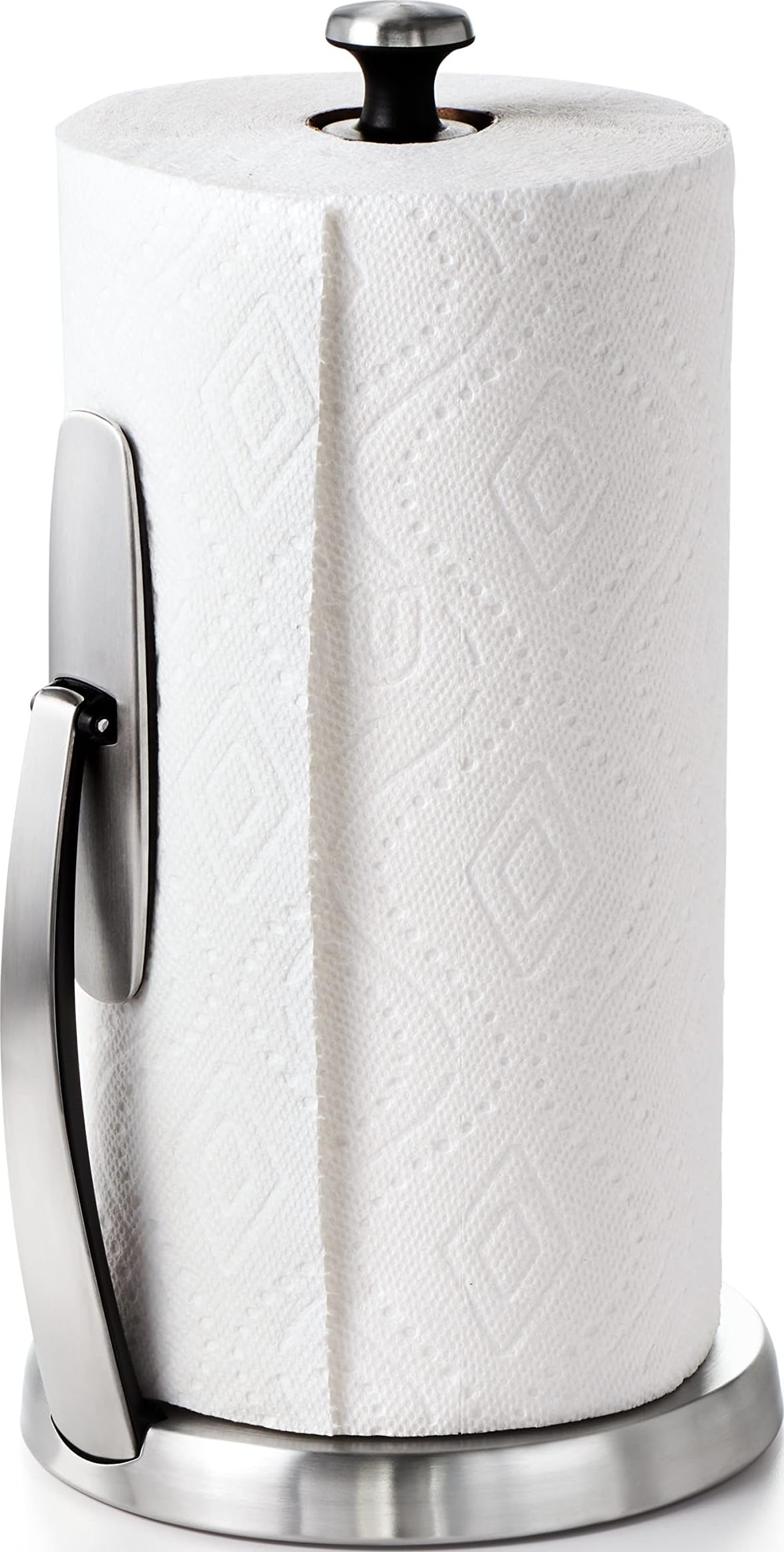 OXO SimplyTear vista frontal en acero inoxidable, mantiene el papel accesible