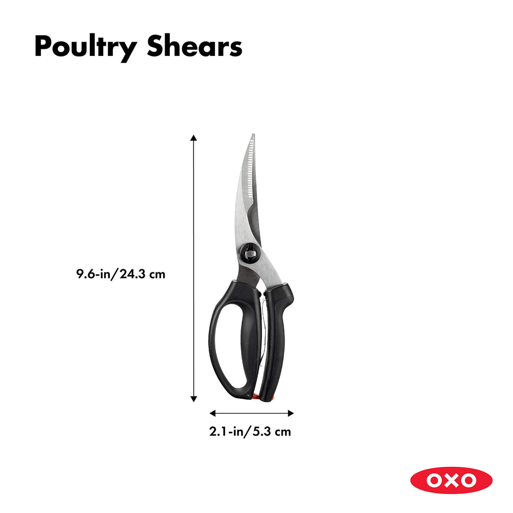 OXO tijeras detalle hojas de acero inoxidable con muesca para huesos y corte preciso