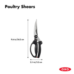 OXO tijeras detalle hojas de acero inoxidable con muesca para huesos y corte preciso