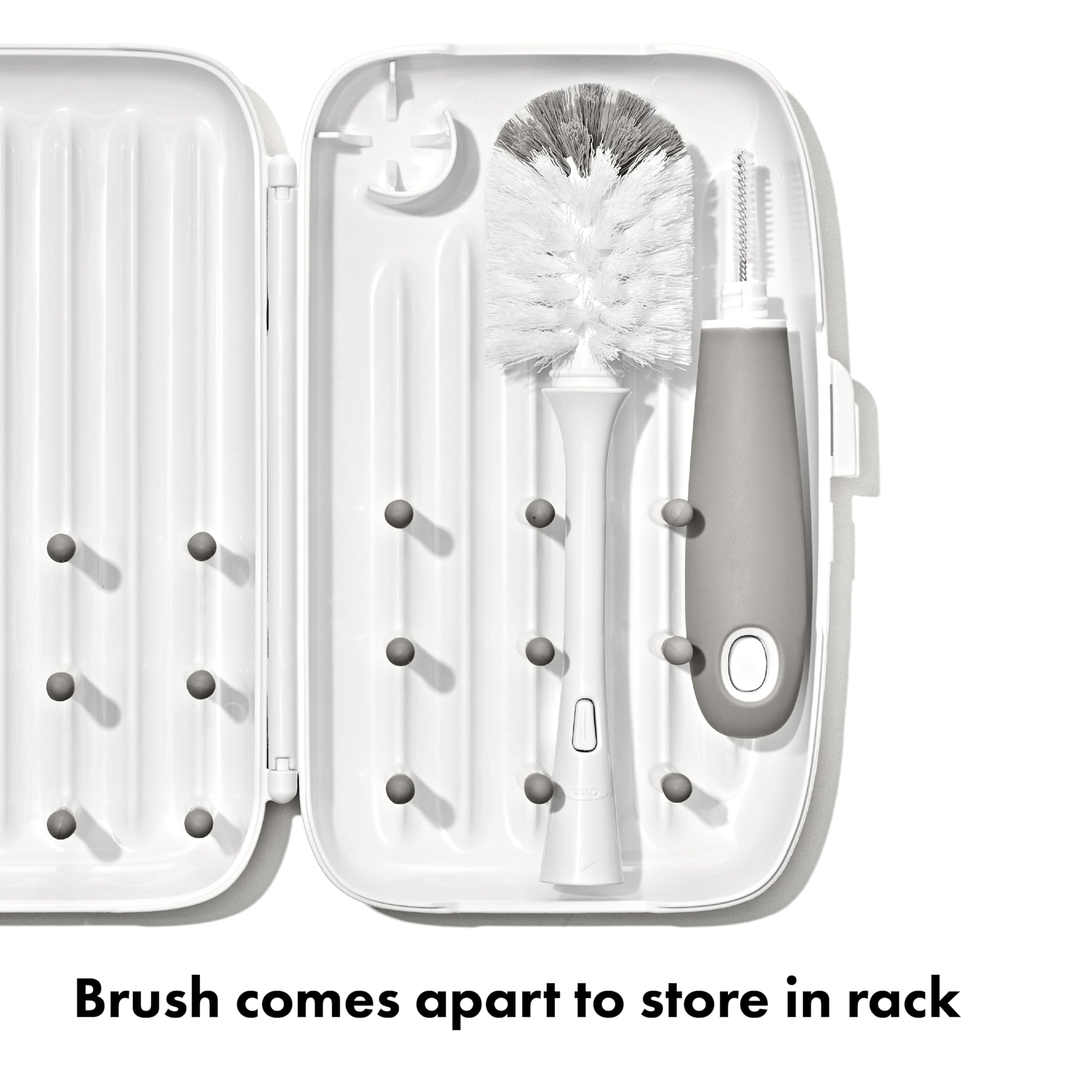 OXO Tot bottle brush in rack stand keeping brush upright for sanitary storage