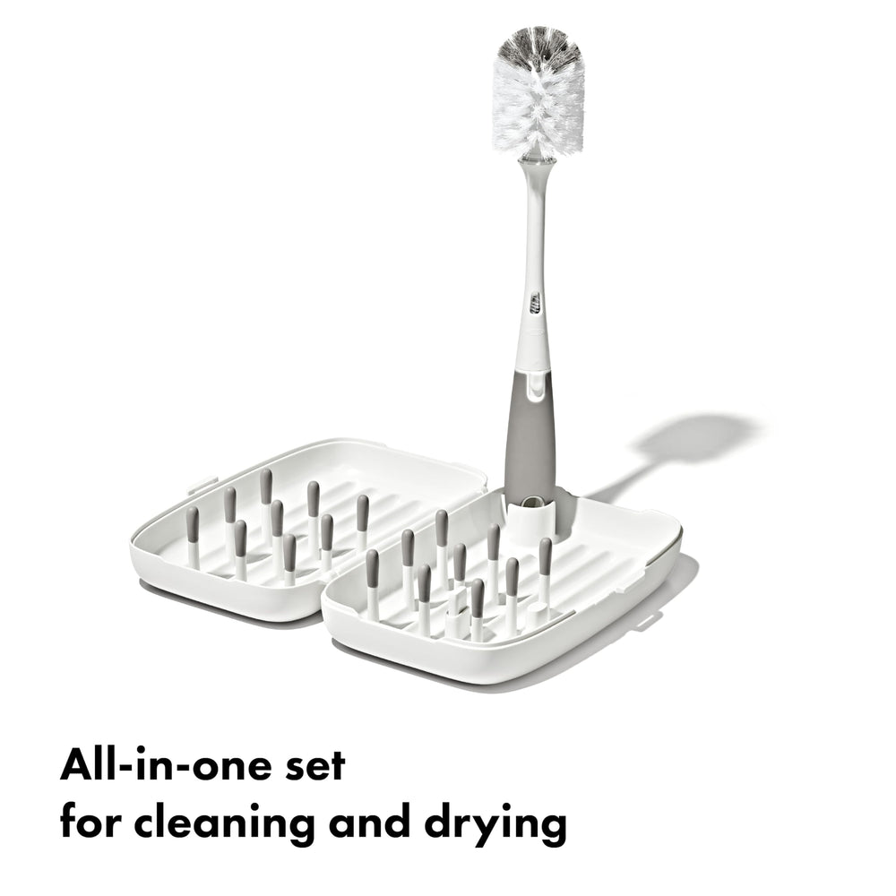 OXO Tot close-up of drying tray ridges and pegs for elevated airflow and drainage