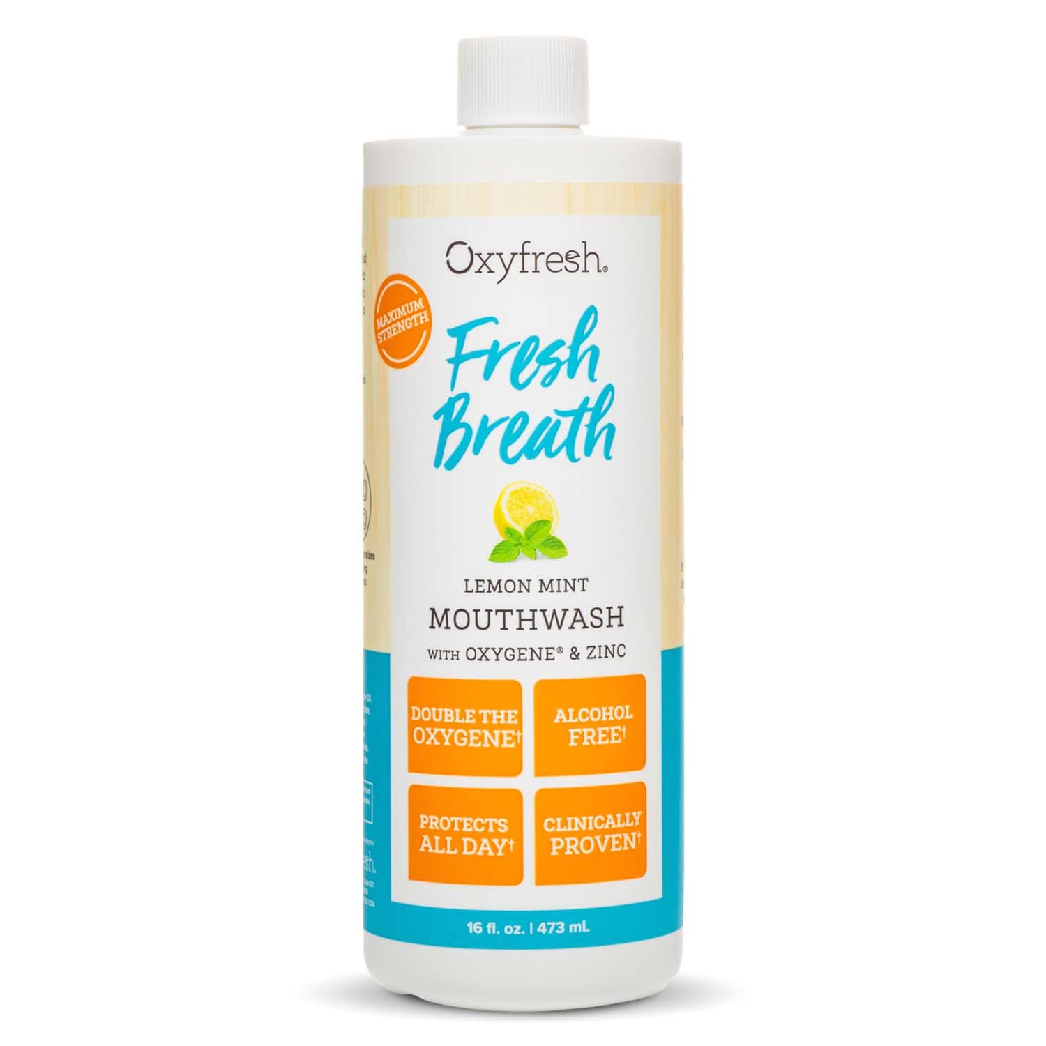 Oxyfresh botella frontal mostrando etiqueta y beneficio de aliento fresco