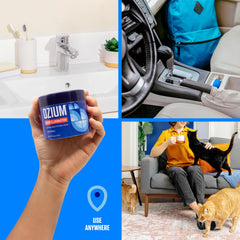 Ozium gel comparación de tamaño en mano para indicar portabilidad y conveniencia