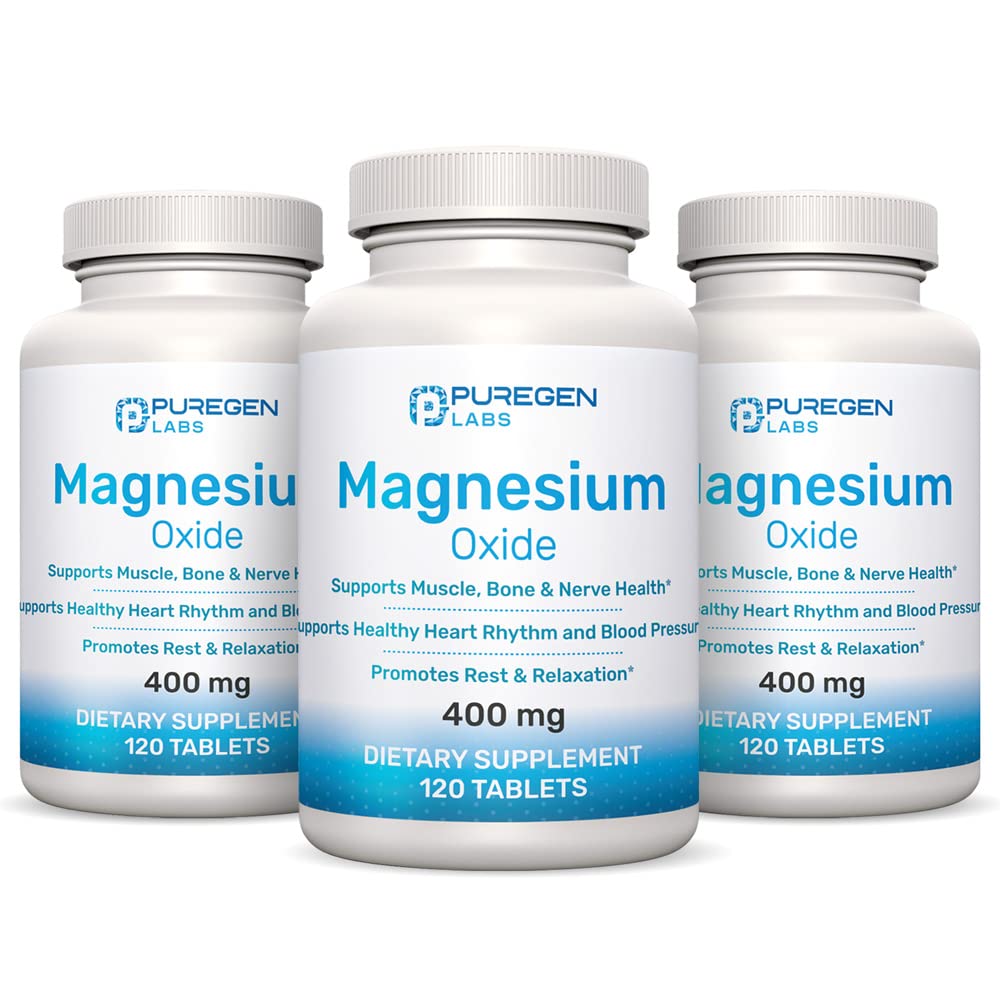P Puregen Labs frasco frontal del suplemento de magnesio 400 mg resaltando duración