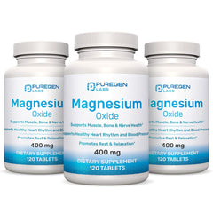 P Puregen Labs frasco frontal del suplemento de magnesio 400 mg resaltando duración