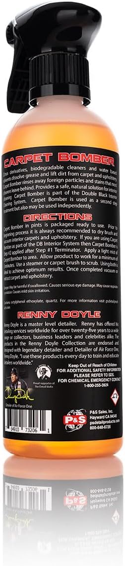 P & S Carpet Bomber etiqueta ampliada con instrucciones y beneficios visibles