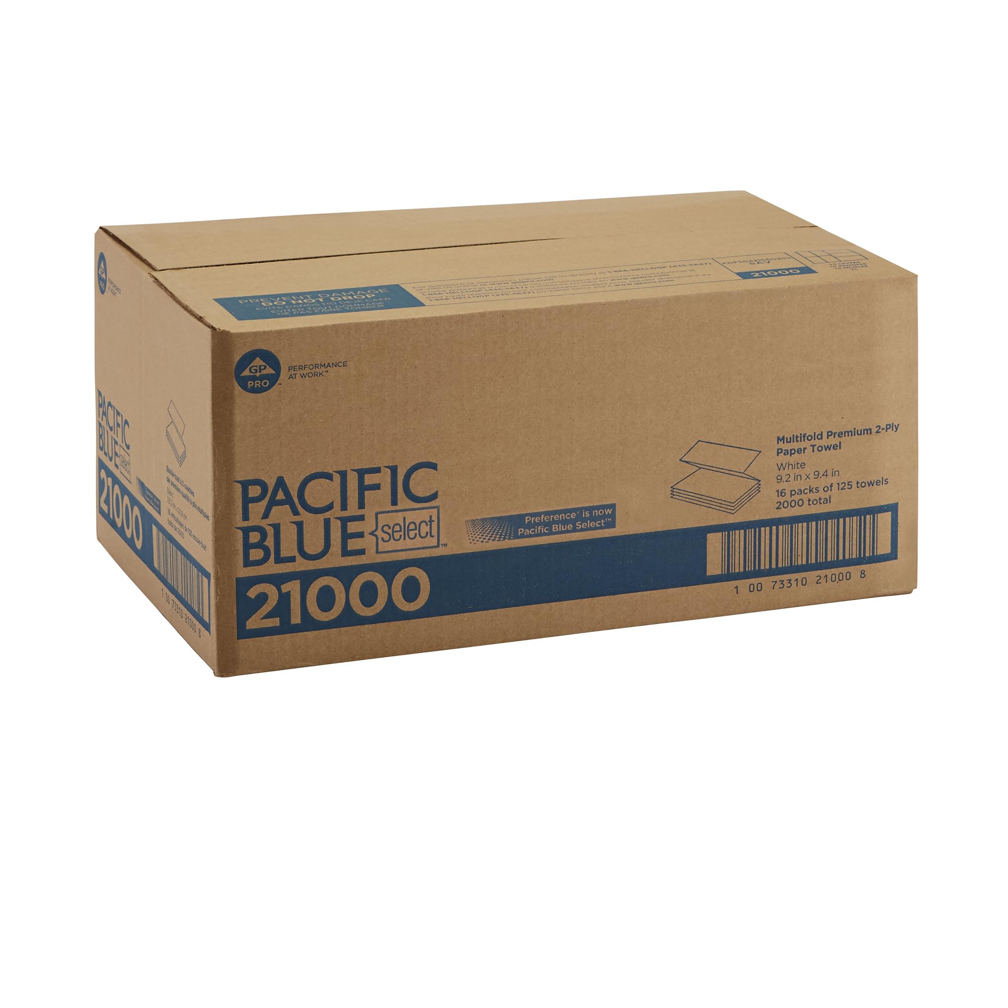 Comparación de tamaño entre mano y toalla Pacific Blue Select para visualizar escala y cobertura