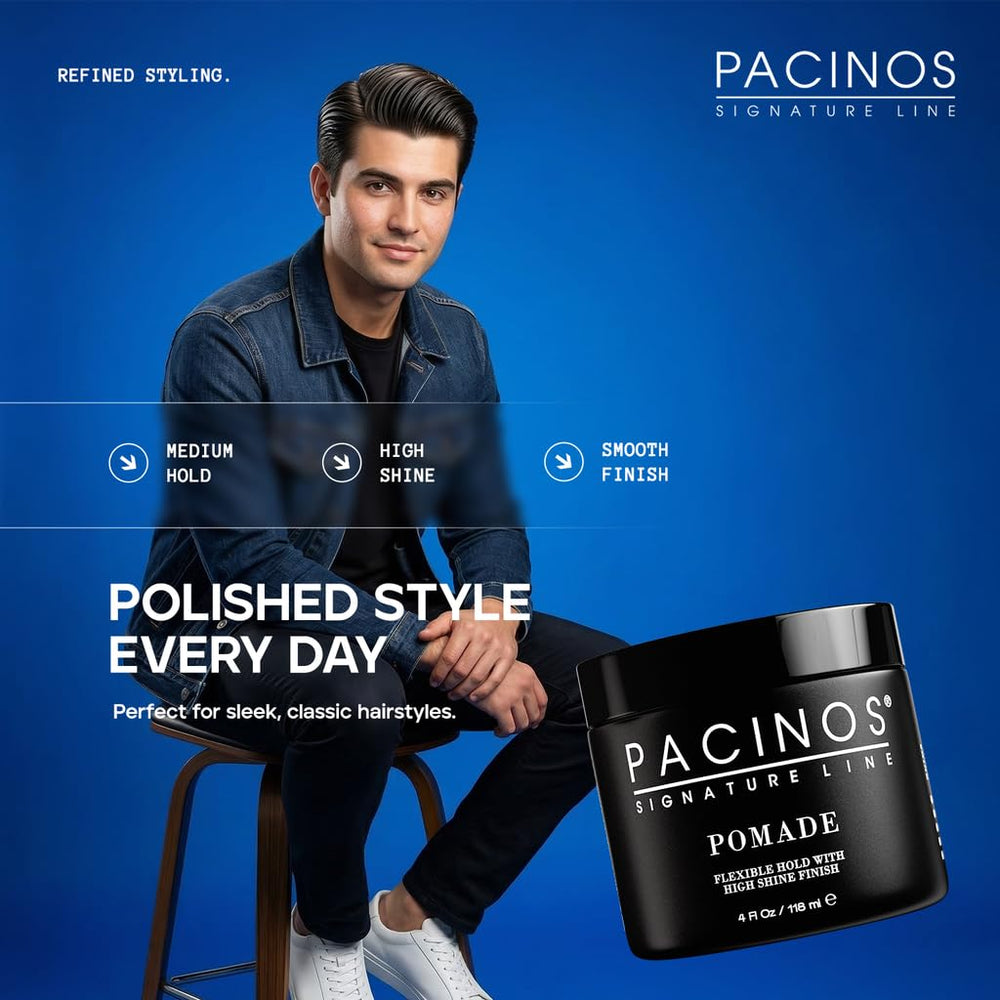 Pacinos aplicando pomada en cabello para control y brillo instantáneo