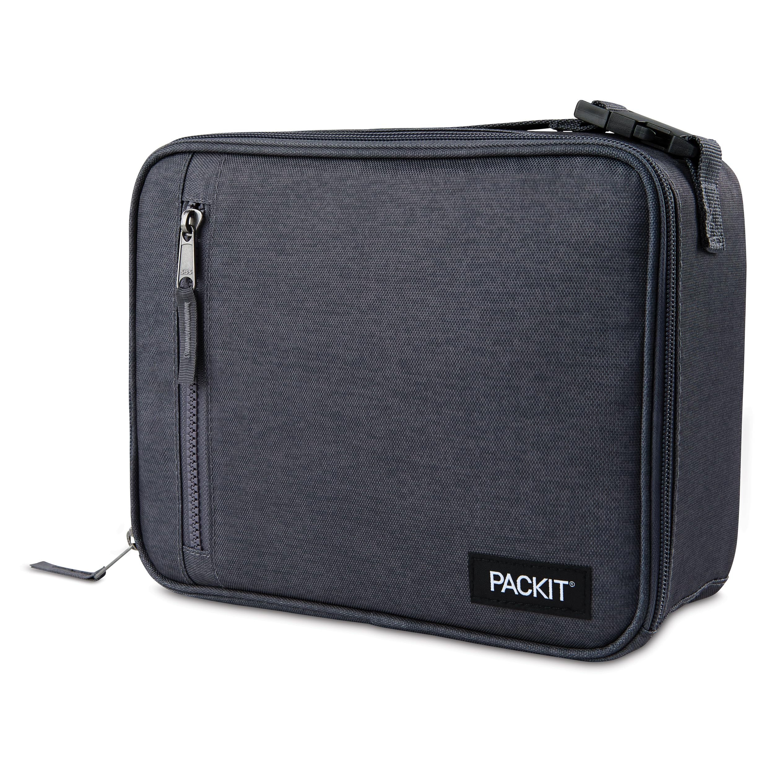 PackIt City Charcoal front view showing zip closure and buckle handle for easy carry