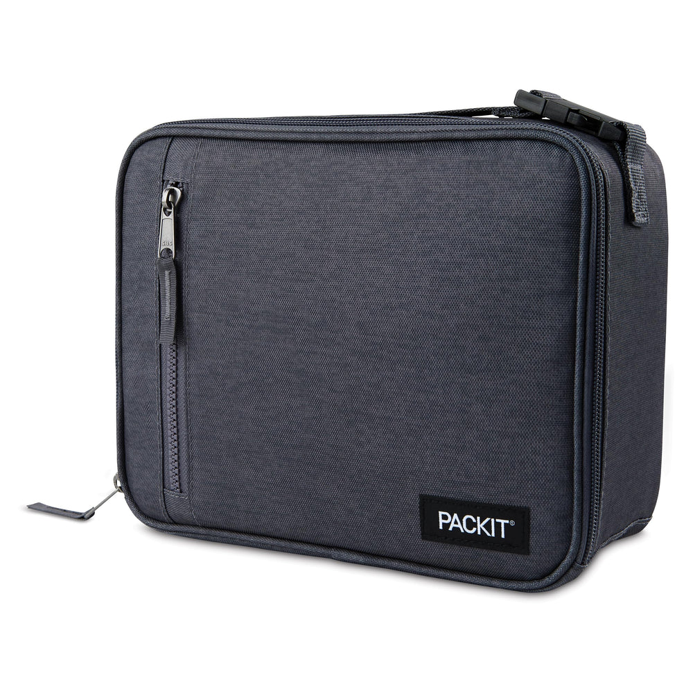 PackIt City Charcoal front view showing zip closure and buckle handle for easy carry