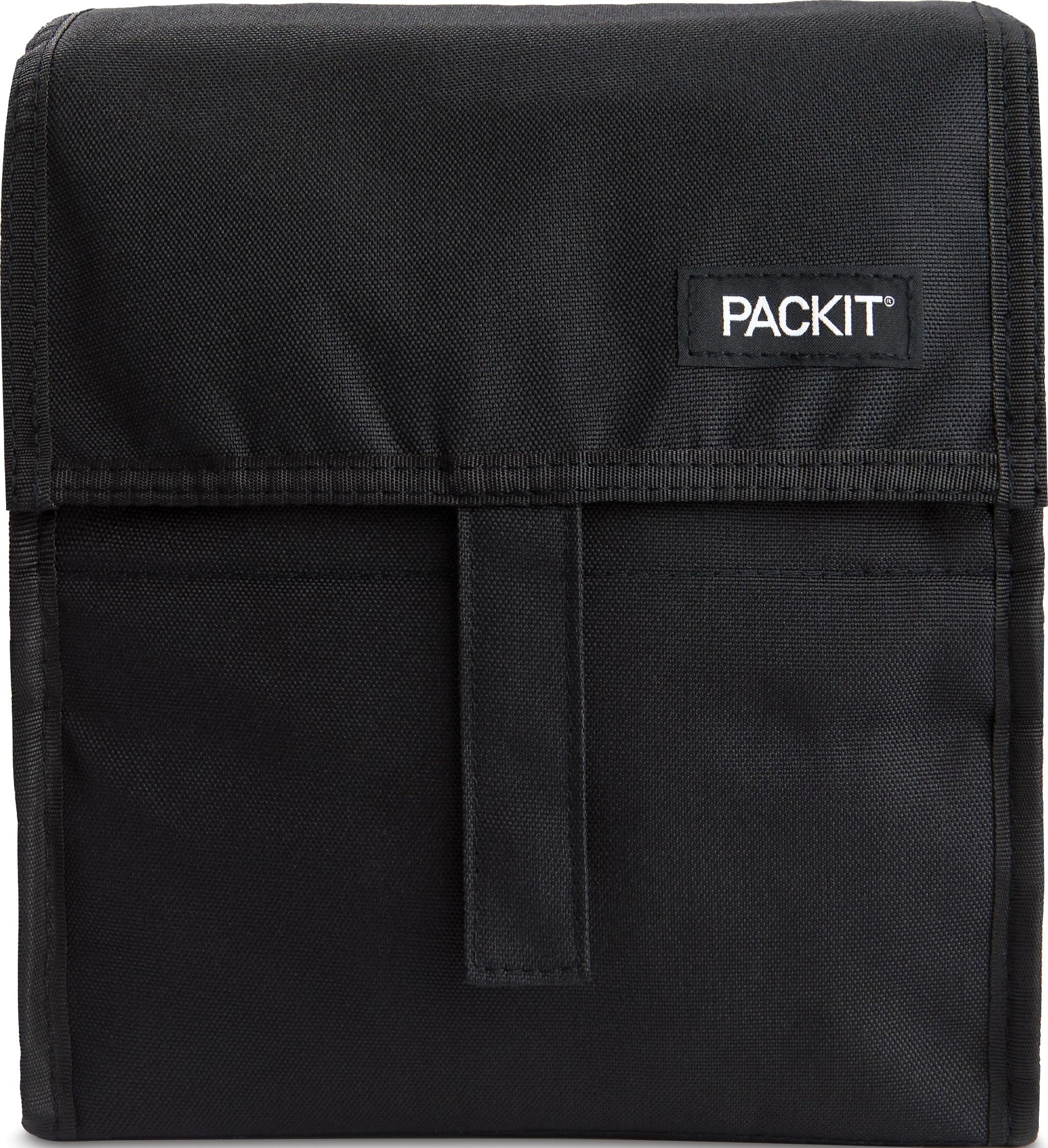 PackIt front view showing black freezable lunch bag and secure zip closure benefit cooling