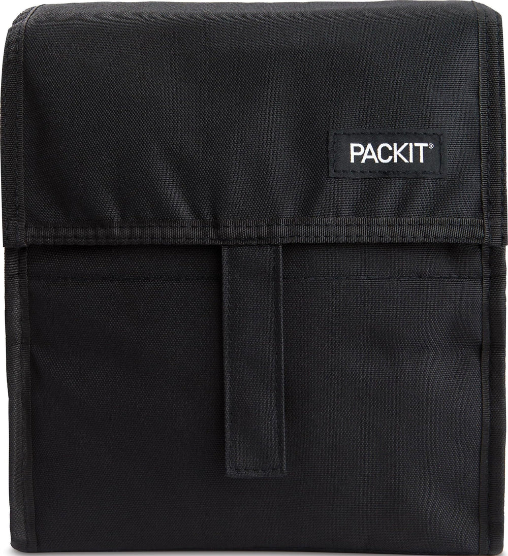 PackIt front view showing black freezable lunch bag and secure zip closure benefit cooling