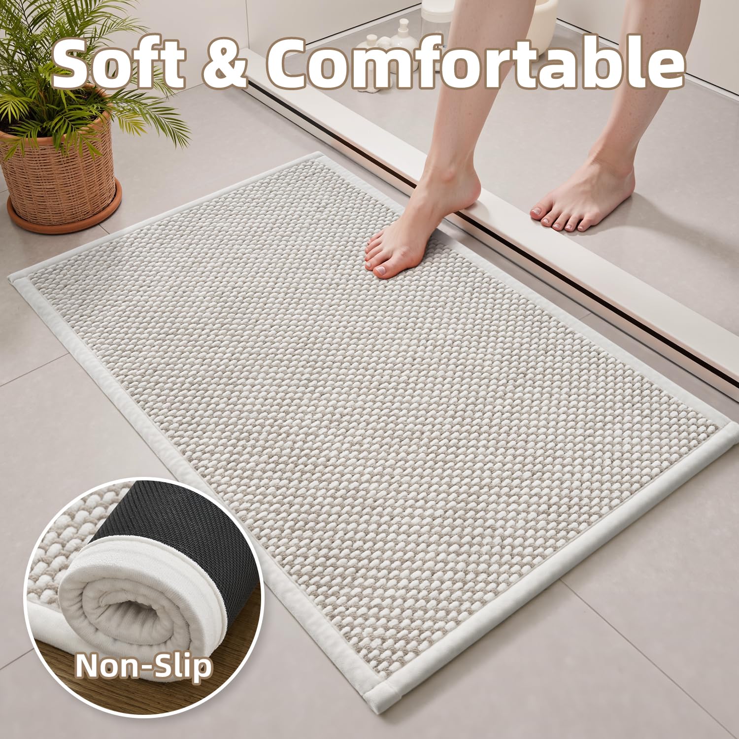 PADOOR ambiente de baño decorado con la alfombra beige y crema aportando confort estético